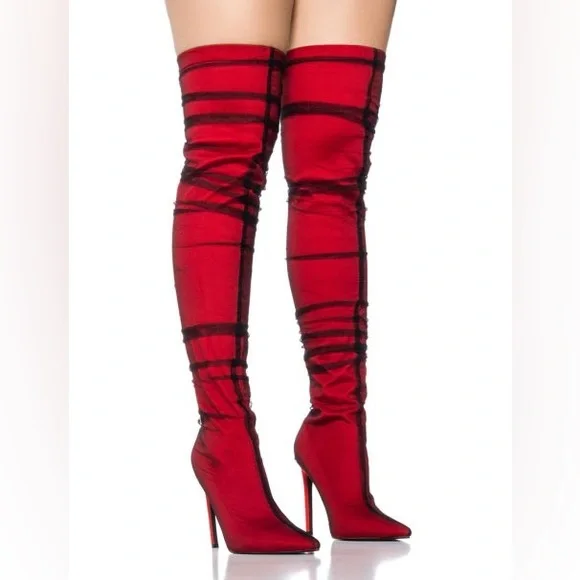 Azalea Wang Red Tulle Covered Thigh High Boots - Picture 1 of 5
